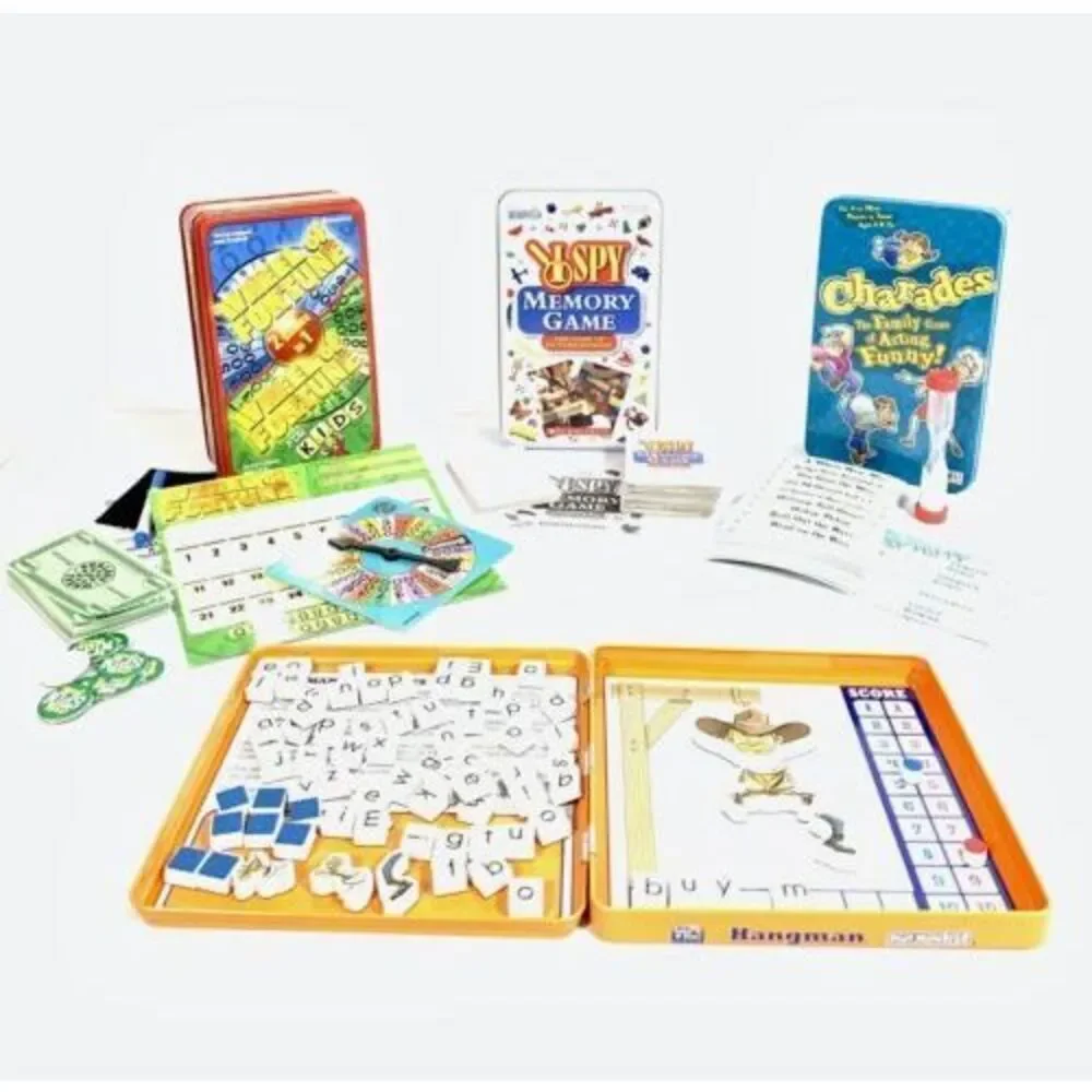 Collectible Tin Kids Travel Games I SPY Memory Charades Hangman Wheel of Fortune